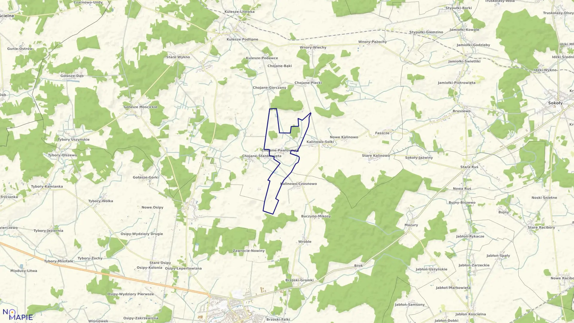 Mapa obrębu CHOJANE-PAWŁOWIĘTA w gminie Kulesze Kościelne